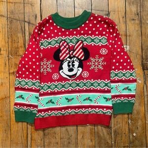 Disney Minnie Mouse Christmas Sweater Girls Size 3 Red Knit Ribbed Hem Crew Neck